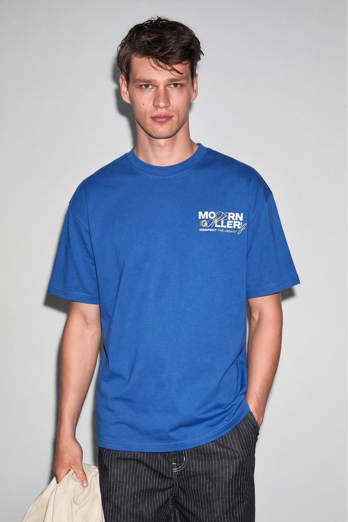GRIMELANGE Colibri Men's Oversize Short Sleeve Crew Neck Organic Cotton Blue T-Shirt with Front and Back Print Detail