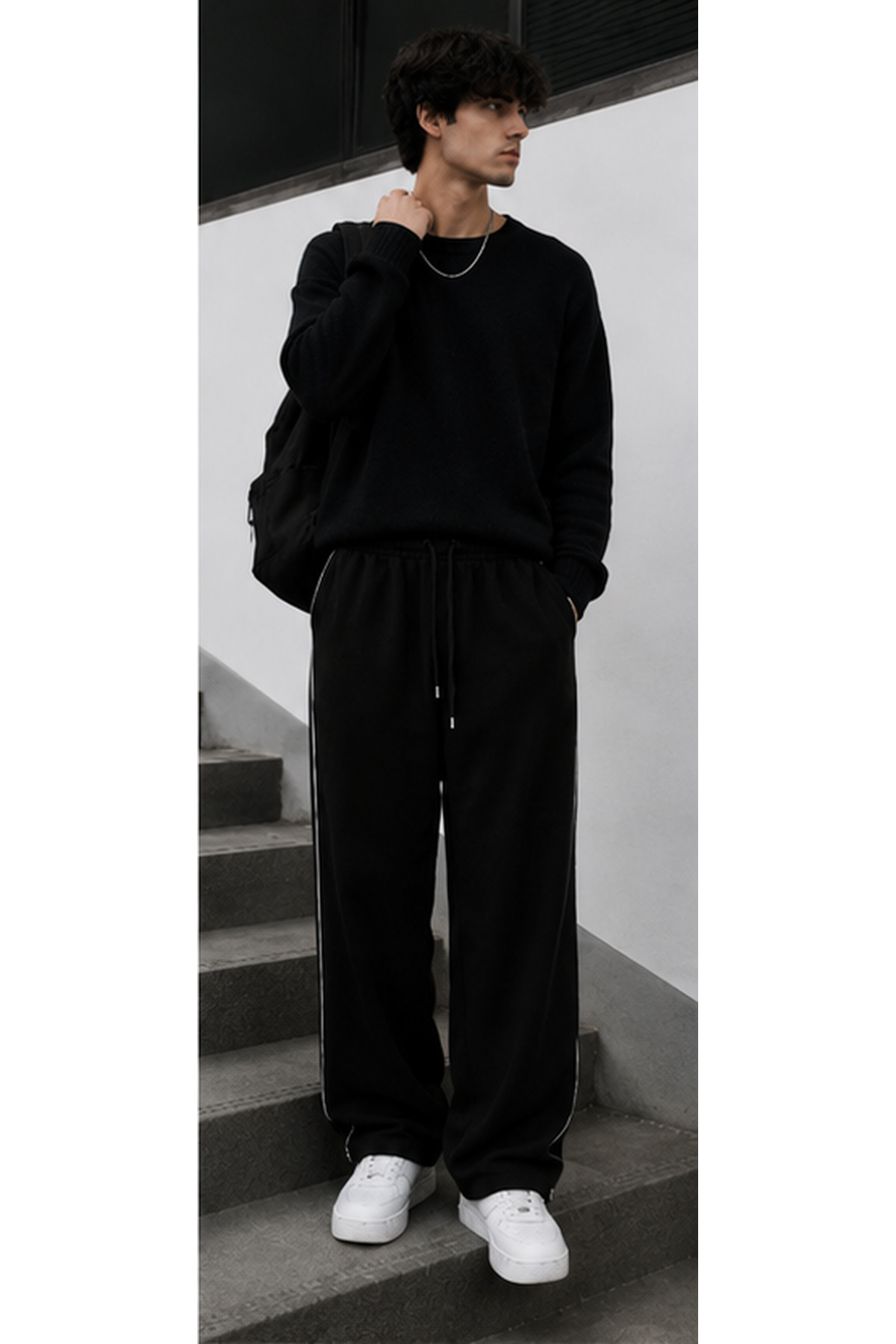 De Carte Harajuku Streetwear Yan Şeritli Erkek Bol Kesim Ayarlanabilir Geniş Paça Eşofman Altı görsel 6