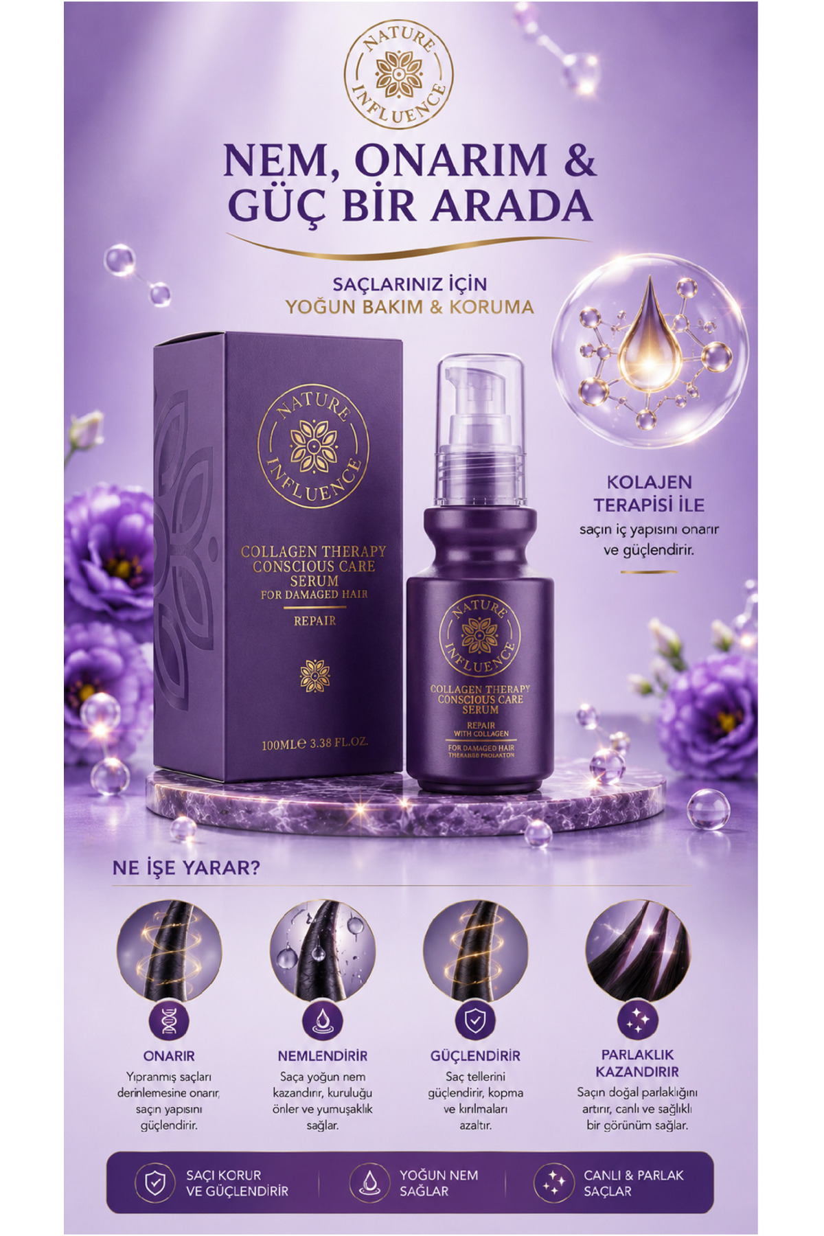 KOLAJEN TERAPİLİ ONARICI SAÇ BAKIM SERUMU 100 ML — NATURE30 — تصویر 3 از 5