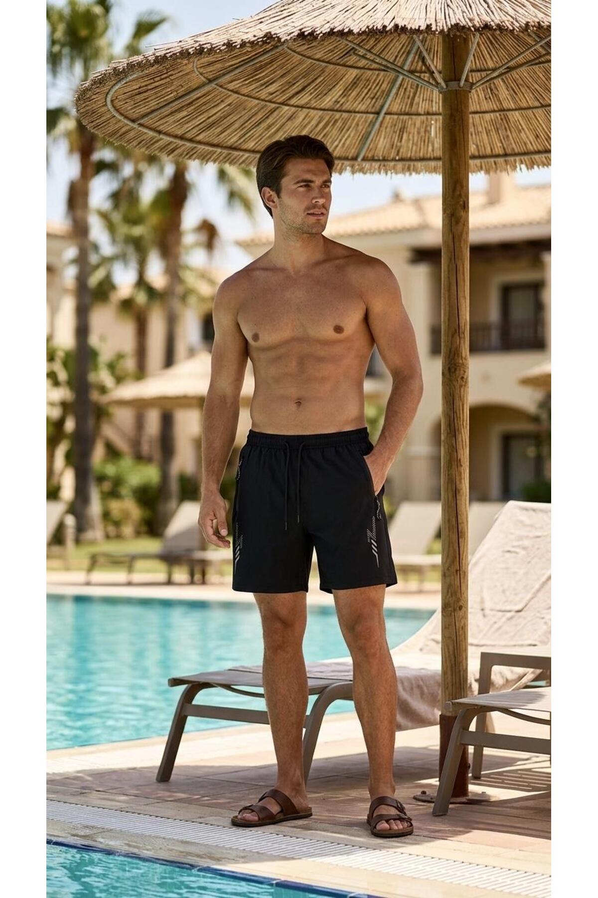 MY SEA Bs-245 Men's Black Quick Dry Zippered Pockets Swim Trunks