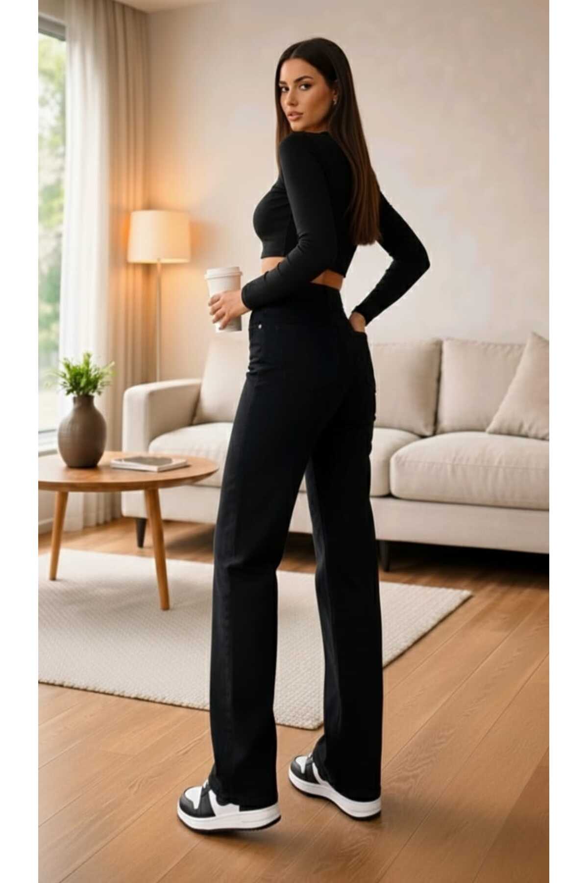 Lighter Jeans Oba Siyah Esnek Wide Leg Yüksek Bel Jean Bol Paça Rahat Kesim Denim Pantolon görsel 2