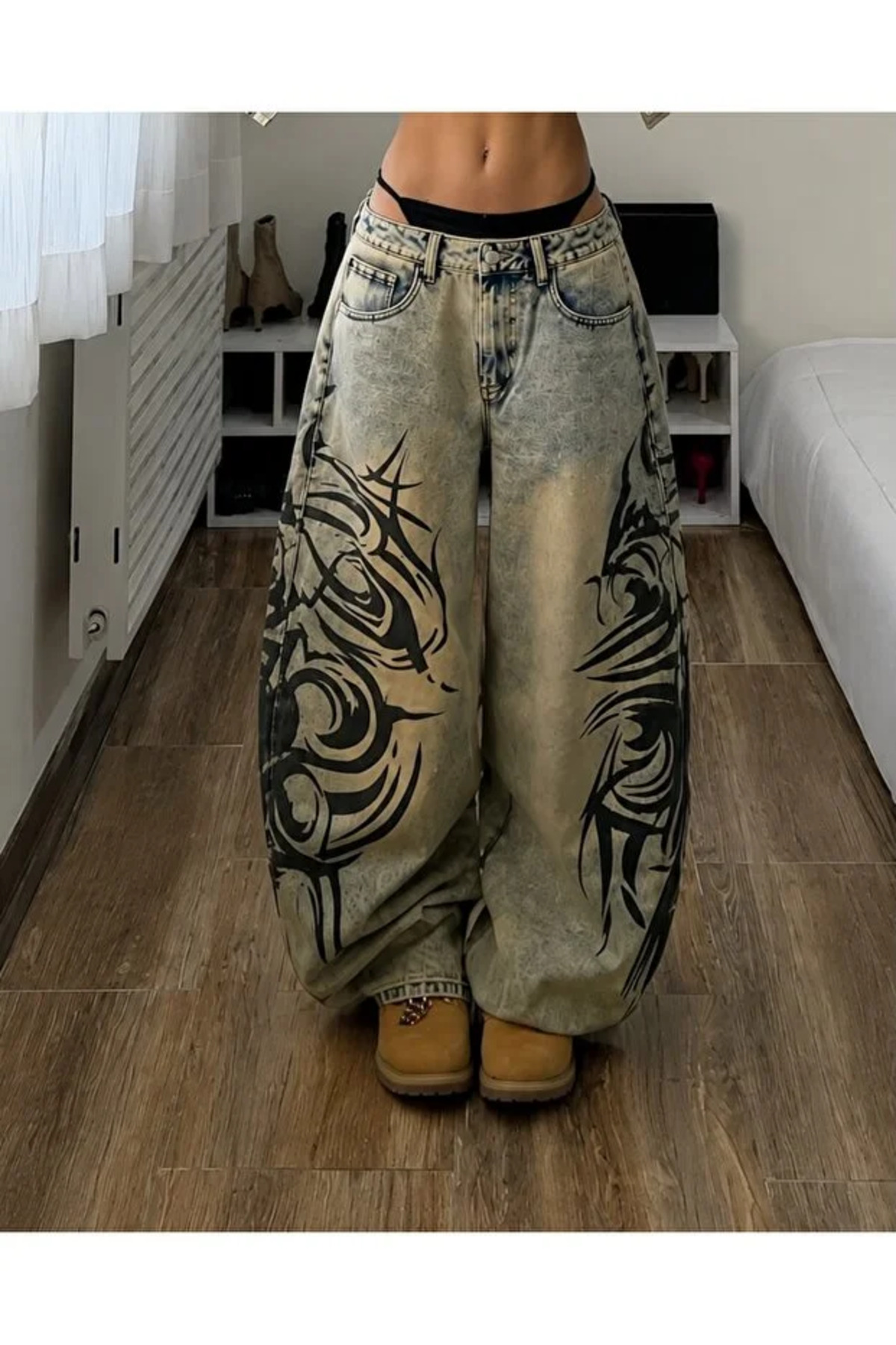 Bravebell Yıkamalı Tint Dragon Detail Baggy Unisex Jean görsel 3