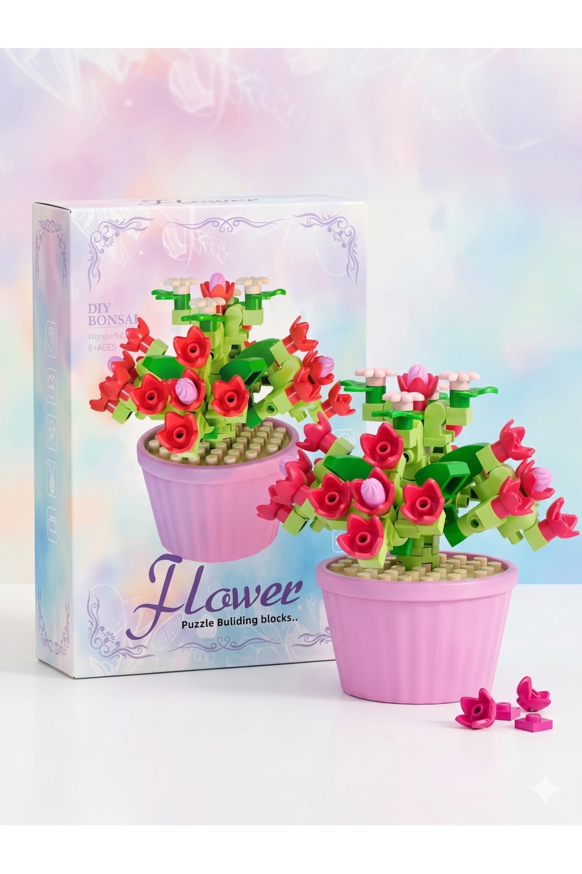 Arvela Mini Çiçek Yapım Blokları - DIY Kırmızı Çalı Çiçeği Pembe