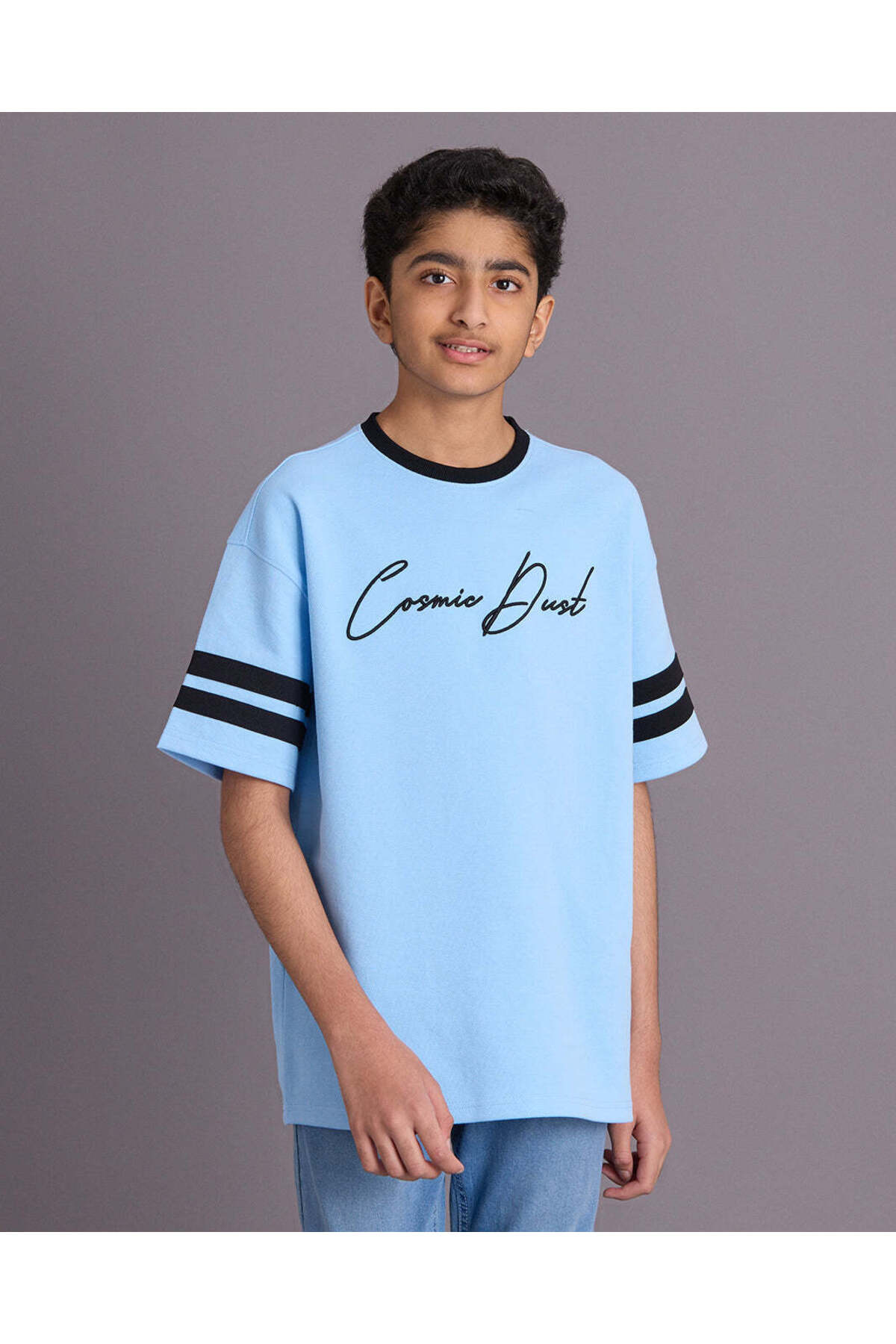 REDTAG Senior Boys Blue Printed Pique T Shirt