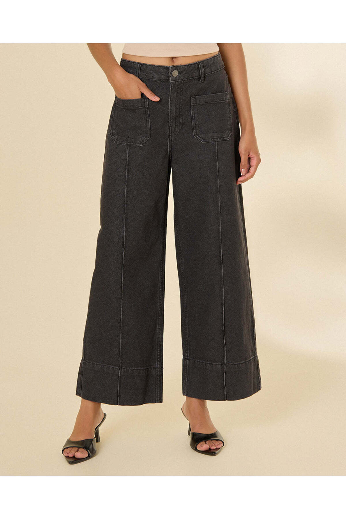 REDTAG Women Dark Grey Wide Leg Cropped Jeans