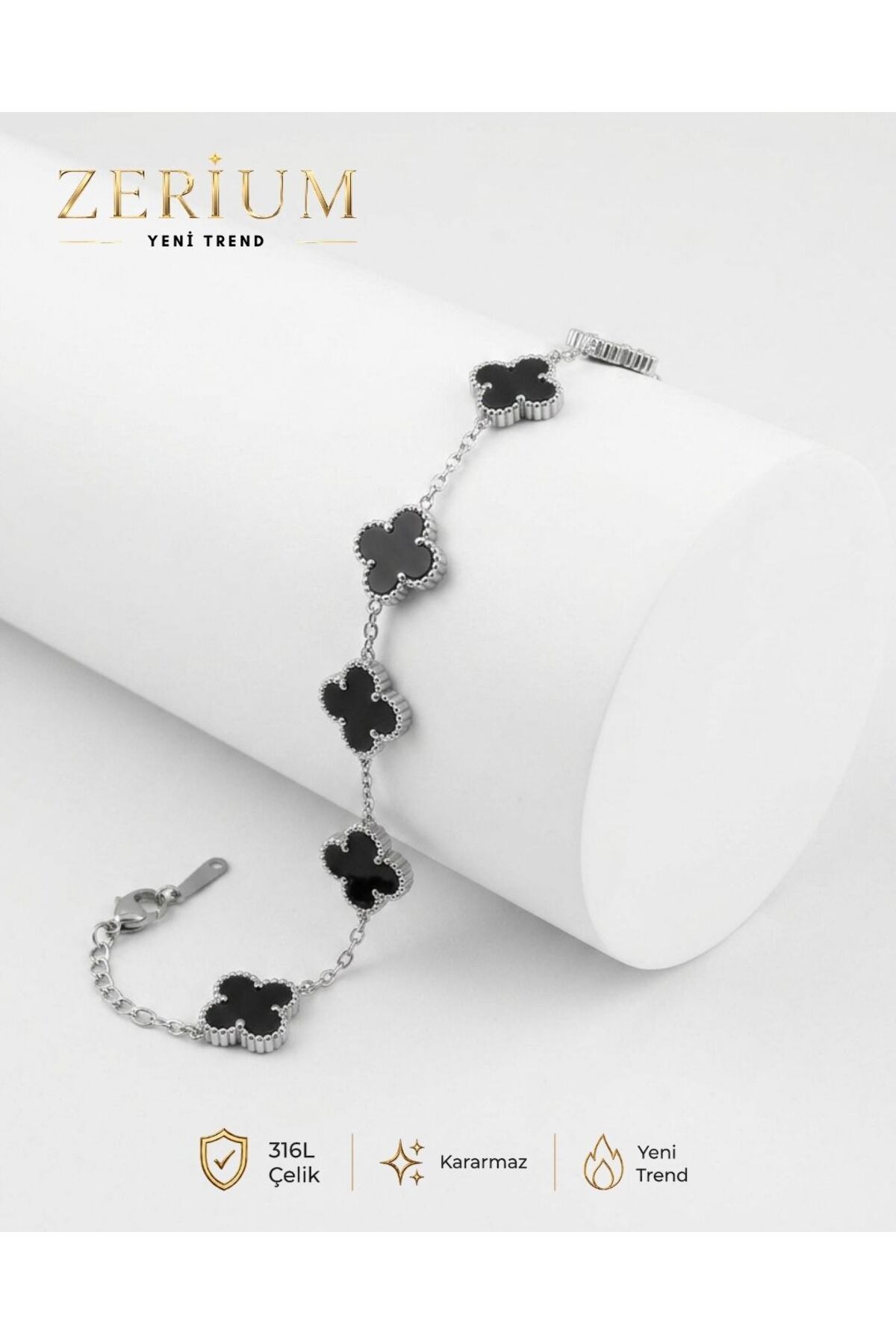 Four Leaf Design Women's Steel Bracelet Elegant Design Silver Black