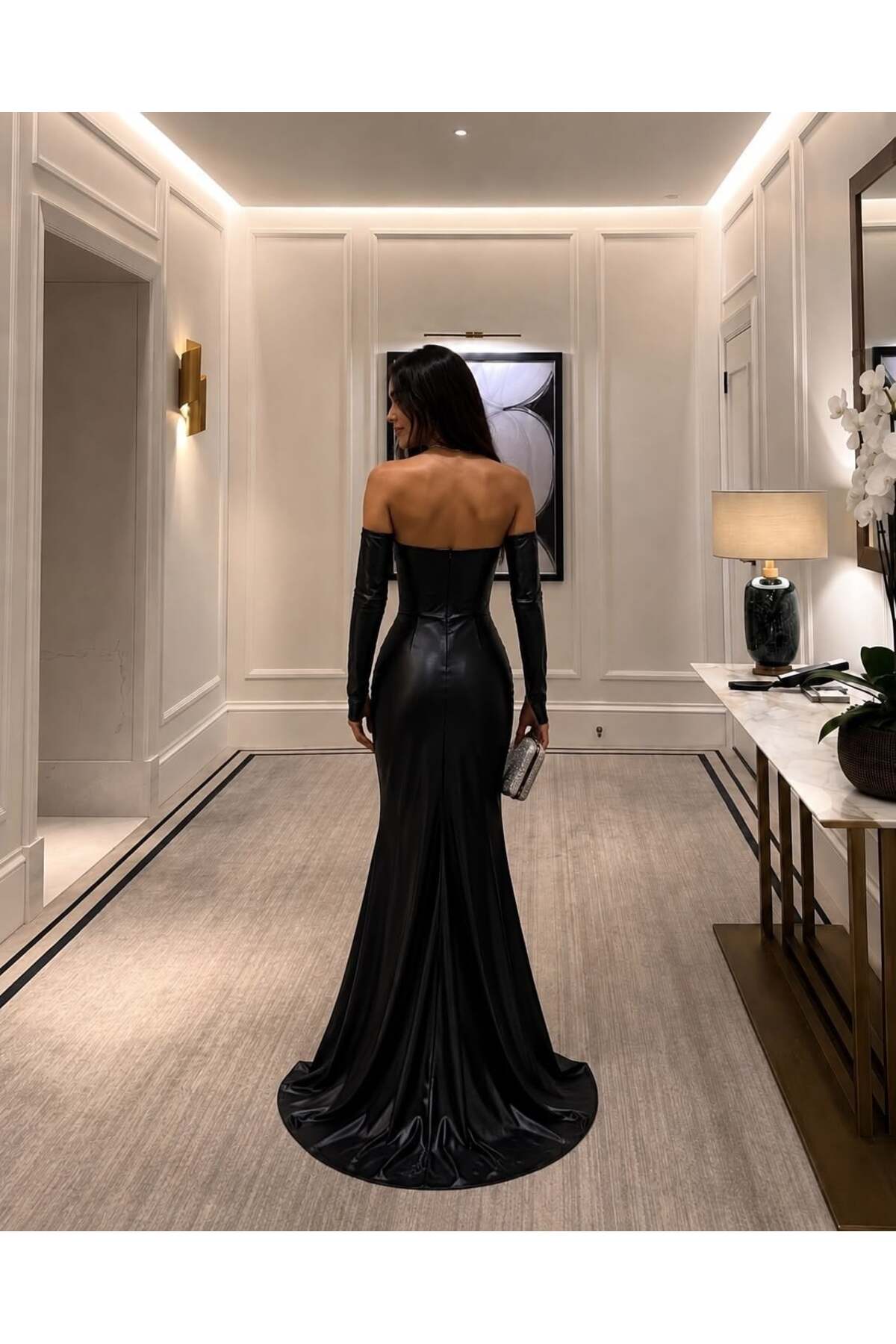Modafeminen Siyah İp Askılı Boncuk İşlemeli Korsajlı Yırtmaçlı Abiye Elbise 583402 görsel 8