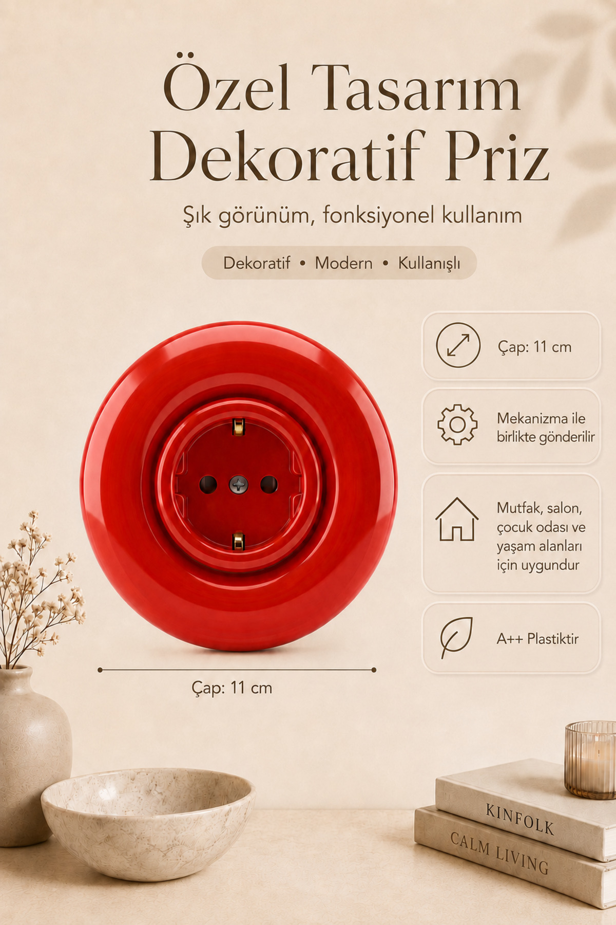 Özel Tasarım Bubble Serisi Kırmızı Dekoratif Priz A Kalite Plastik (Mekanizma Dahildir)