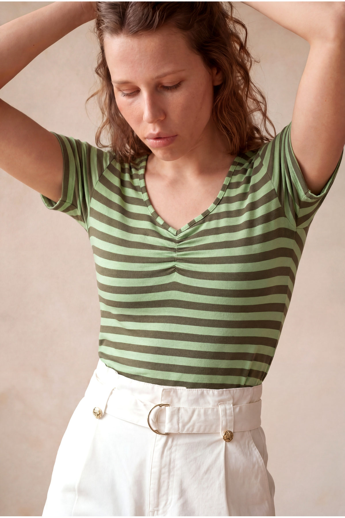 Women's Green Striped Cotton / Elastane Regular Fit V-Neck Short Sleeve Drawstring T-Shirt BENNETT