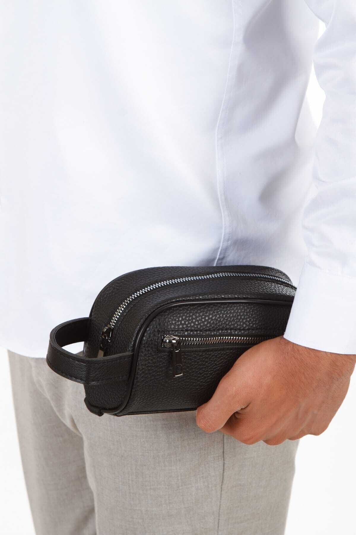 VIATOX NP- 2213 Mini Erkek Vegan Deri Portföy Clutch Traş Kozmetik Bakım ve Günlük El Çantası SİYAH görsel 2
