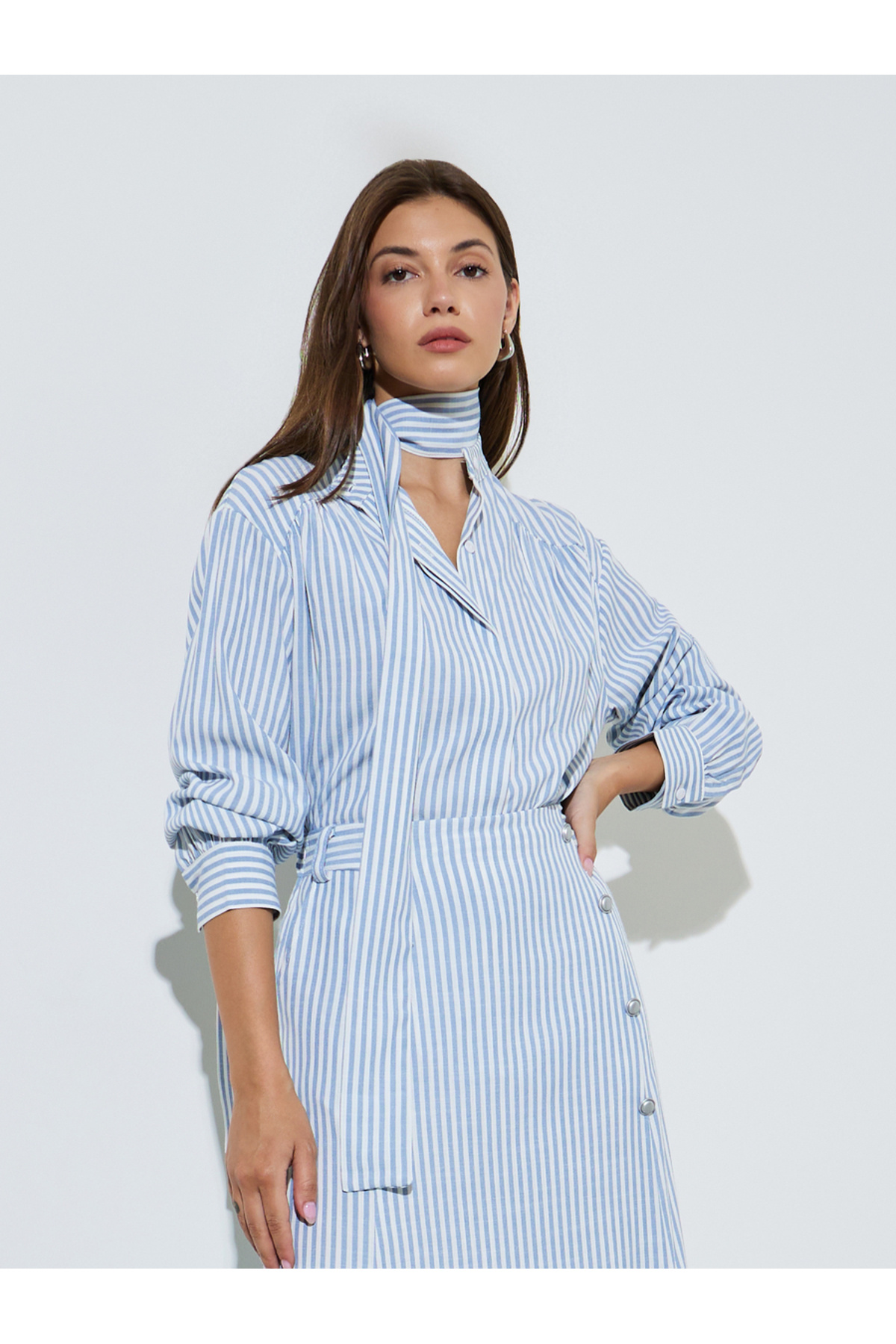 Styli Blue Longline Striped Shirt with Scarf Detail