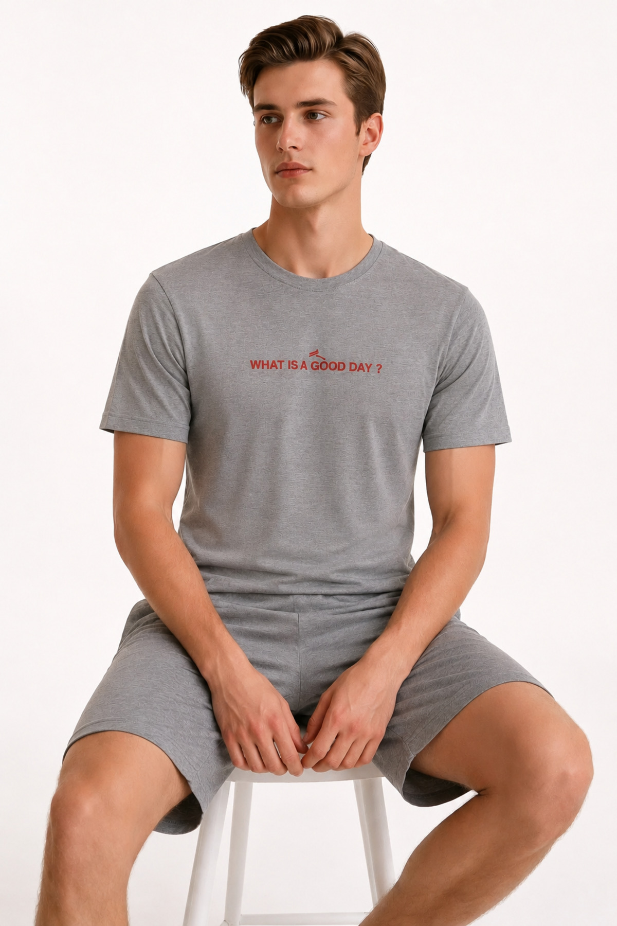 Sude HOMEWEAR Men's Short Sleeve Shorts Gray Color Pajama Set