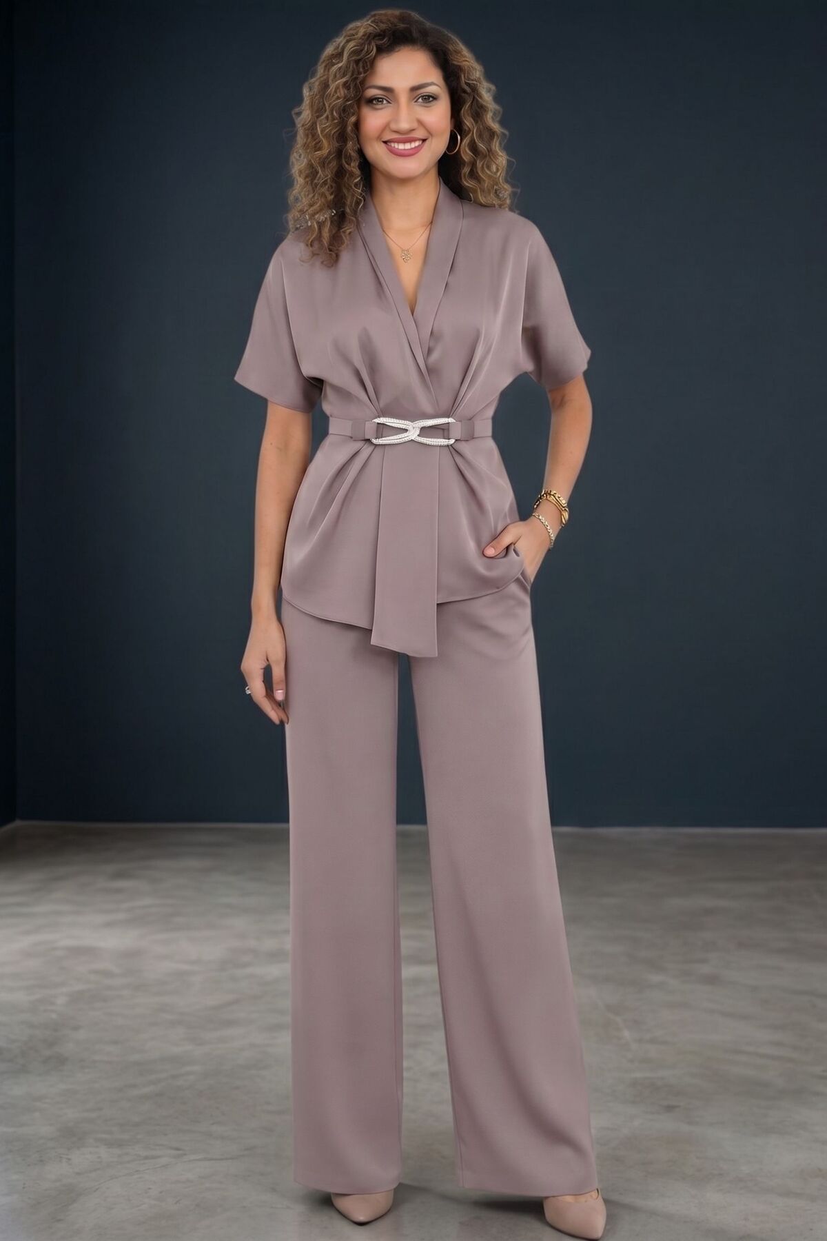 Moda Amore Women's Crepe Satin Classic Office Set Double Breasted Jacket Trousers Two-Piece Set 36059