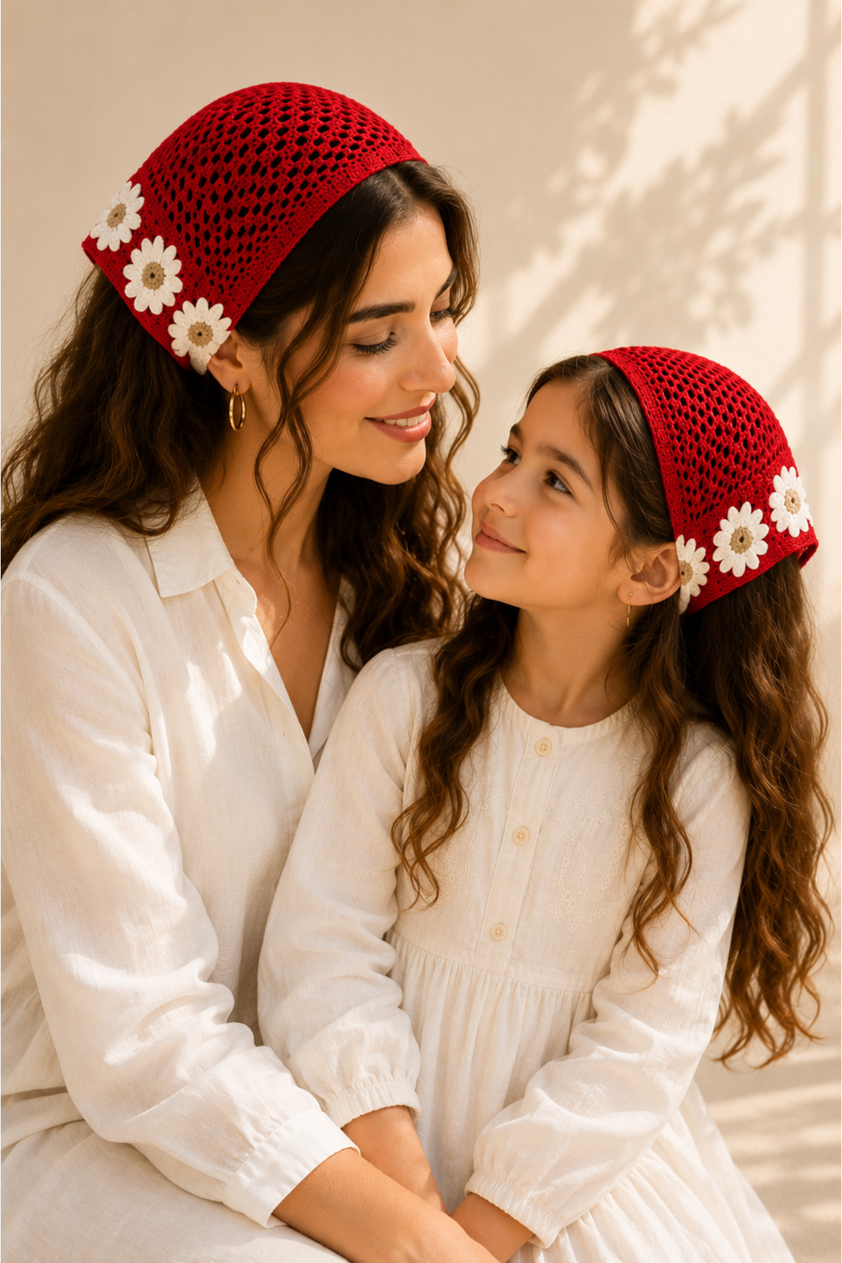 2li Anne & Kız Örgü Bandana Kombini – Çiçek Motifli Saç Bandanası (Çocuk 4-12 Yaş)