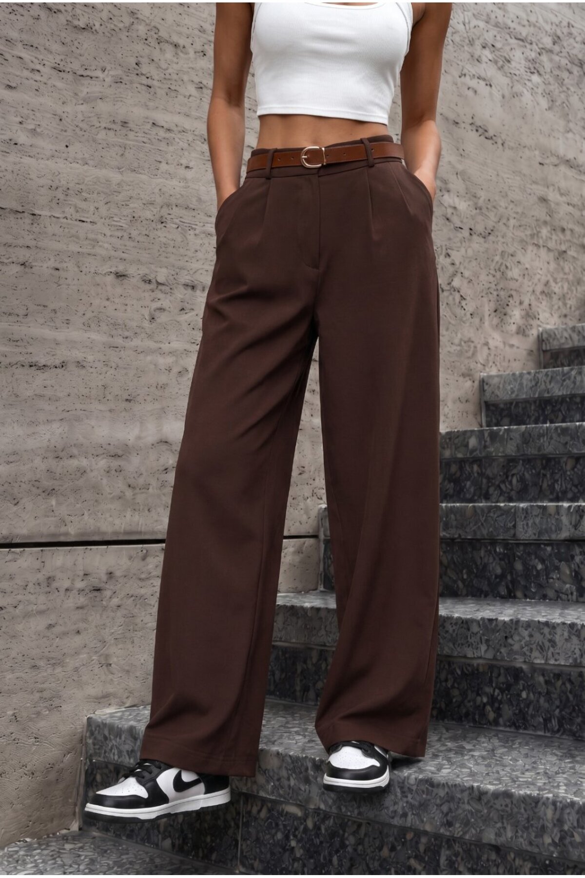 Kadın Kemerli Oversize Salaş Beli Lastikli Palazzo Pantolon KAHVE 3