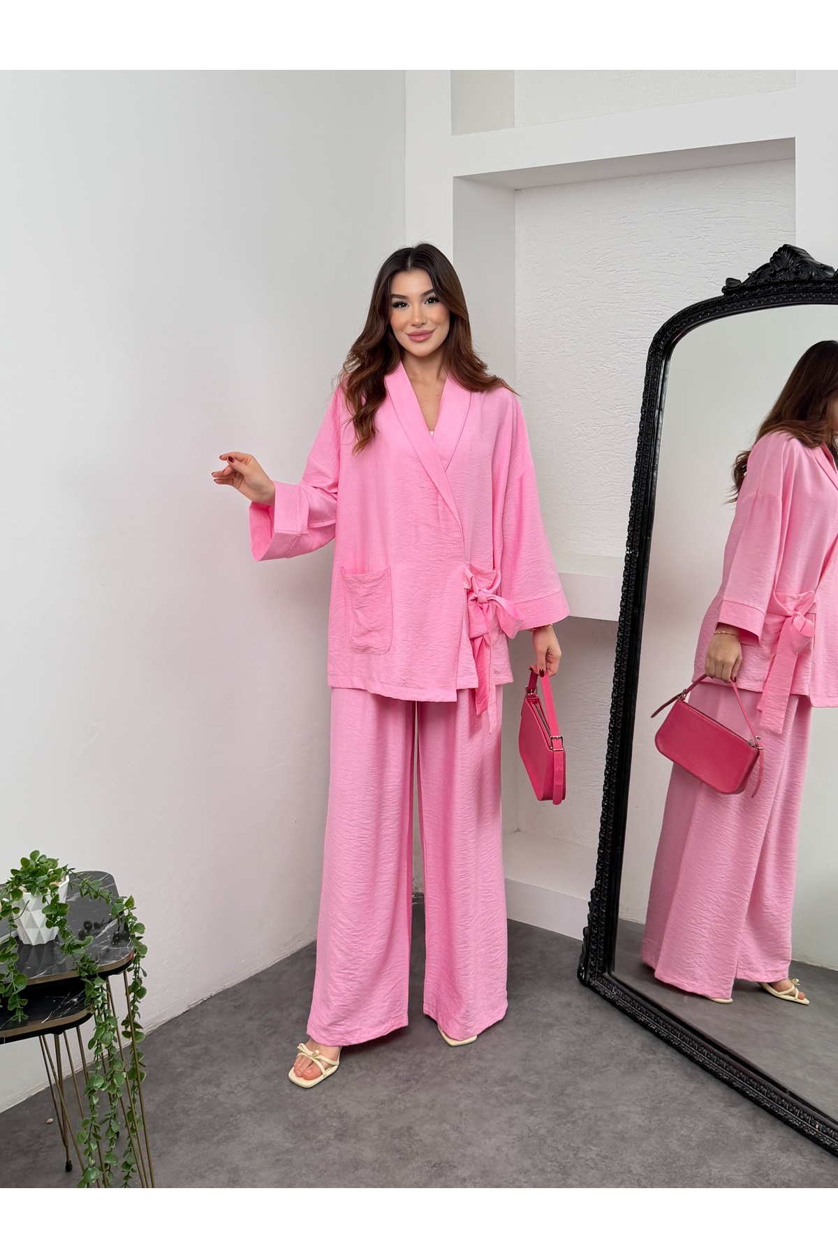 MiraMore Butik Women's Double-Breasted Tie-Waist Wide-Leg Pants Set with Pockets
