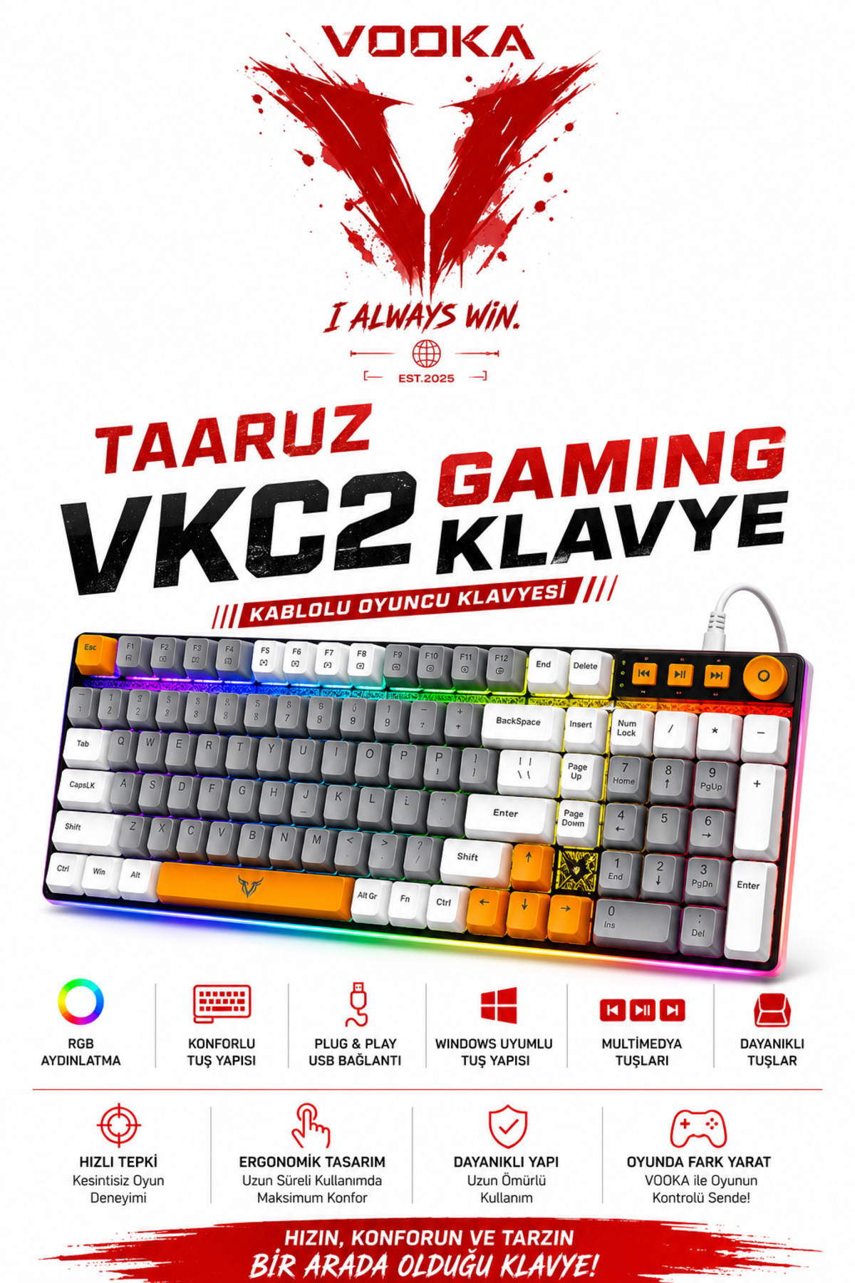 کیبورد گیمینگ کابلی TAARUZ VKC2 RGB با 99 کلید و زبان ترکی Q USB و دکمه‌های چندرسانه‌ای سازگار با ویندوز