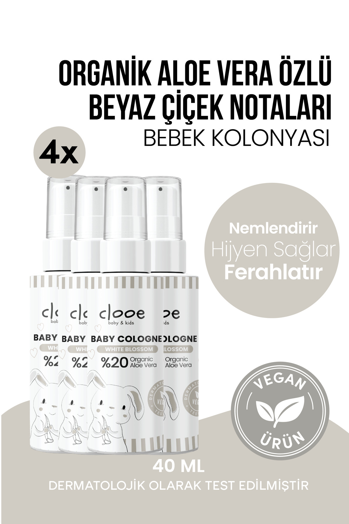 clooe Alüminyumsuz Vegan Bebek Kolonyası Organik Aloe Vera Özlü White Blossom Kalıcı Ferahlık 40ml 4'lü Set — PKA072