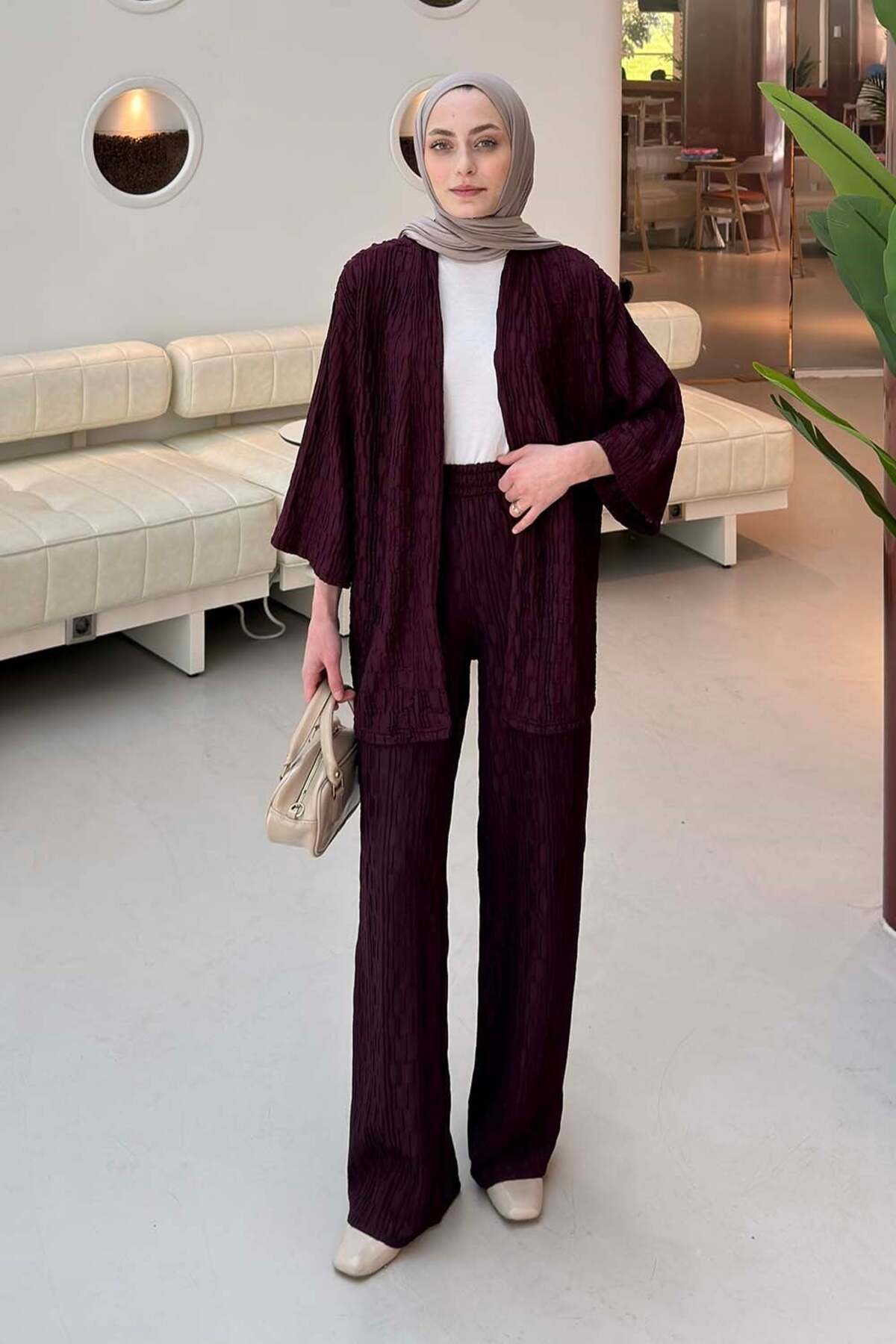 Lamelif Raschel Kimono Set Plum