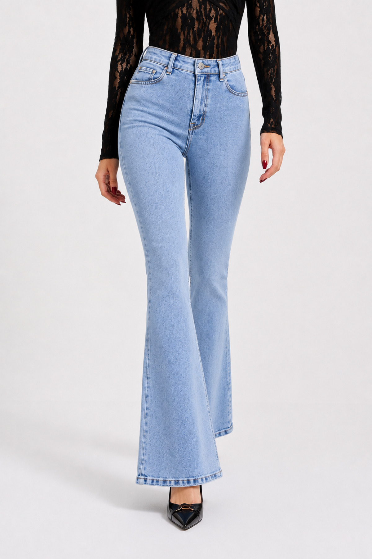 Lighter Jeans Likralı Yüksek Bel İspanyol Paça Kadın Jean Pantolon Kar Mavi Esnek Flare Denim görsel 4