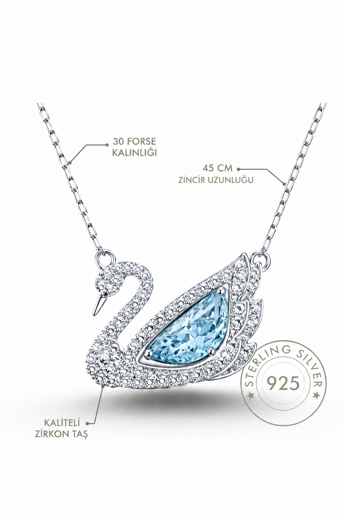 DuHaGüMüş 925 Ayar Gümüş Aqua Taşlı Kuğu Kolye, Zirkon Taşlı Zarif Kadın Kolyesi | Sevgiliye & Doğum Günü Hediyesi görsel 2