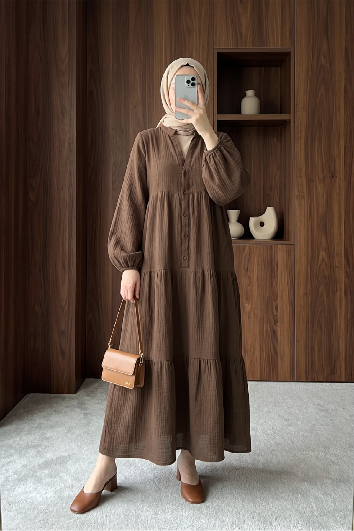 Elastic Sleeve Piece Long Relaxed Muslin Dress - Brown