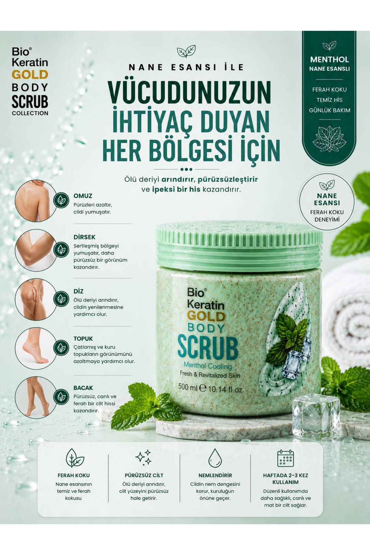 Menthol Özlü Vücut Peeling 500ml Ferah ve Pürüzsüz Cilt Body Scrub — A609 — تصویر 4 از 8