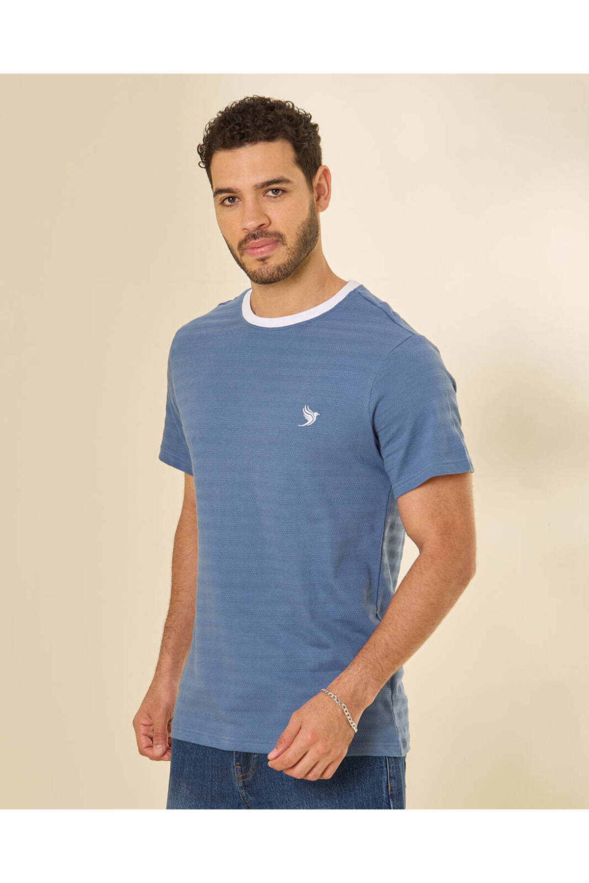 REDTAG Men Blue Jacquard T-Shirt