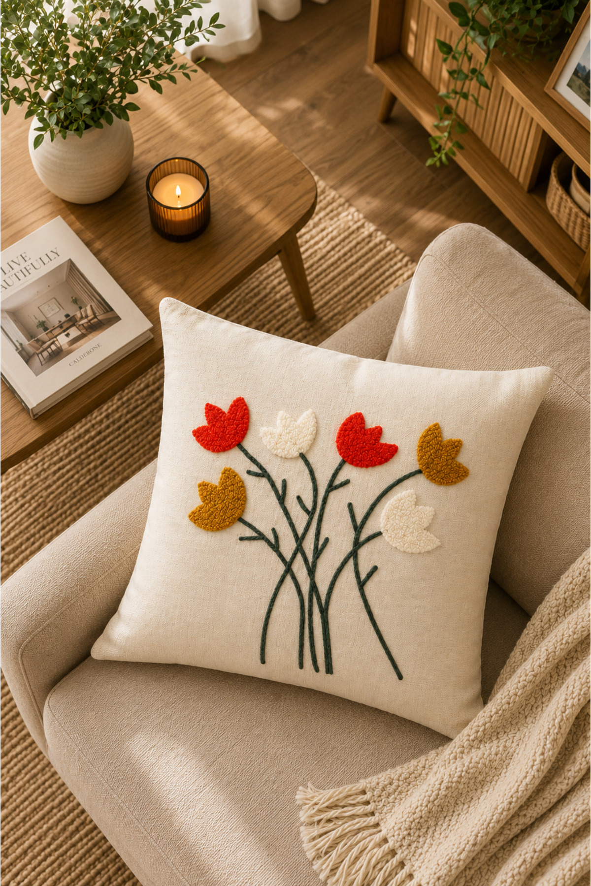 Dekoratif Punch Kırlent Kılıfı Keten Kumaş Gizli Fermuarlı 43x43