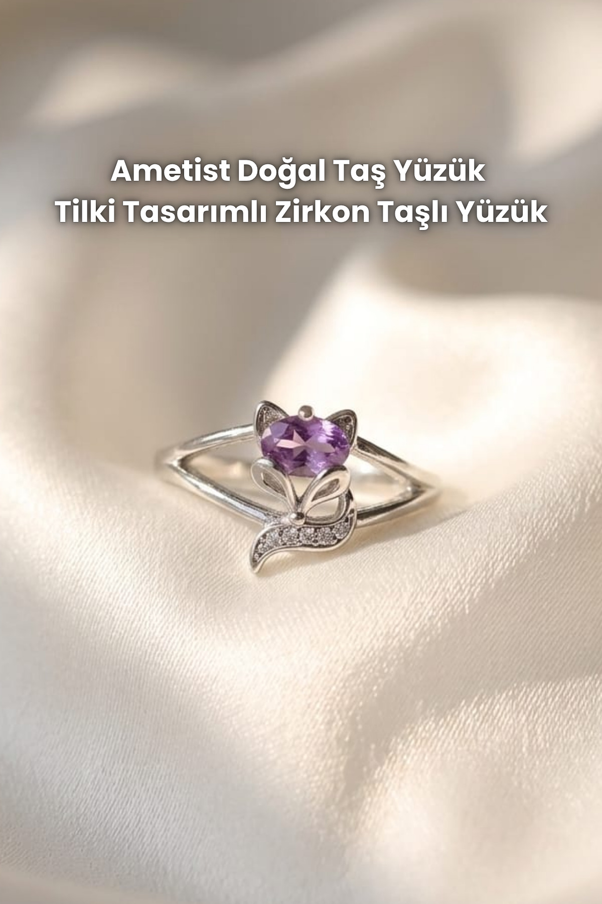 Elifsu Jewelry Ametist Doğal Taş Yüzük Tilki Tasarımlı Zirkon