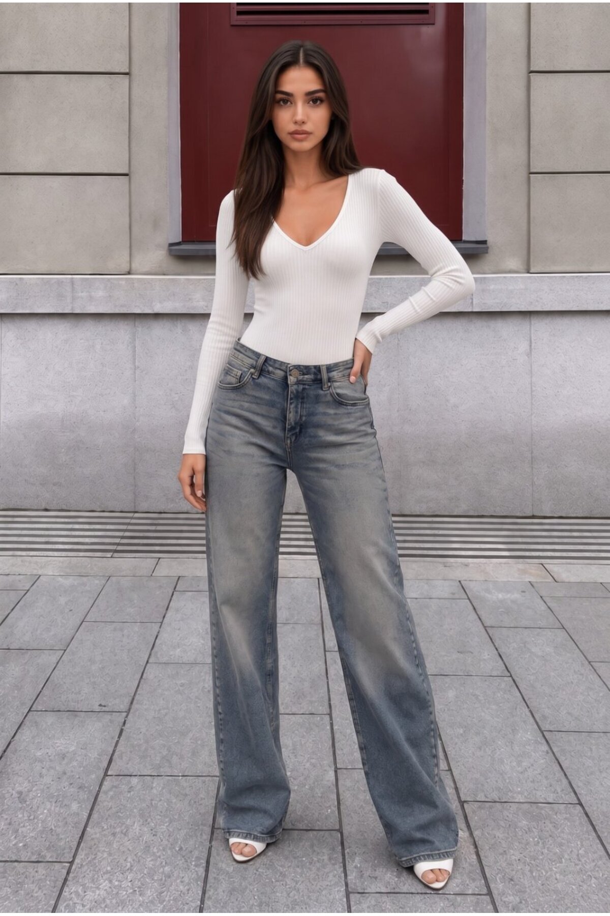 Gök Mavi Soluk Efekt Vintage Yüksek Bel Wide Leg Geniş Paça with Lycra Jeans 5