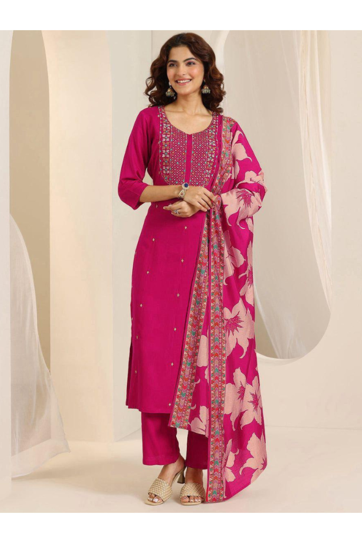 MYSMAR Pink Rayon Embroidered Suit Set with Dupatta - HRT7188 | Pink-Size:M-38-Inches
