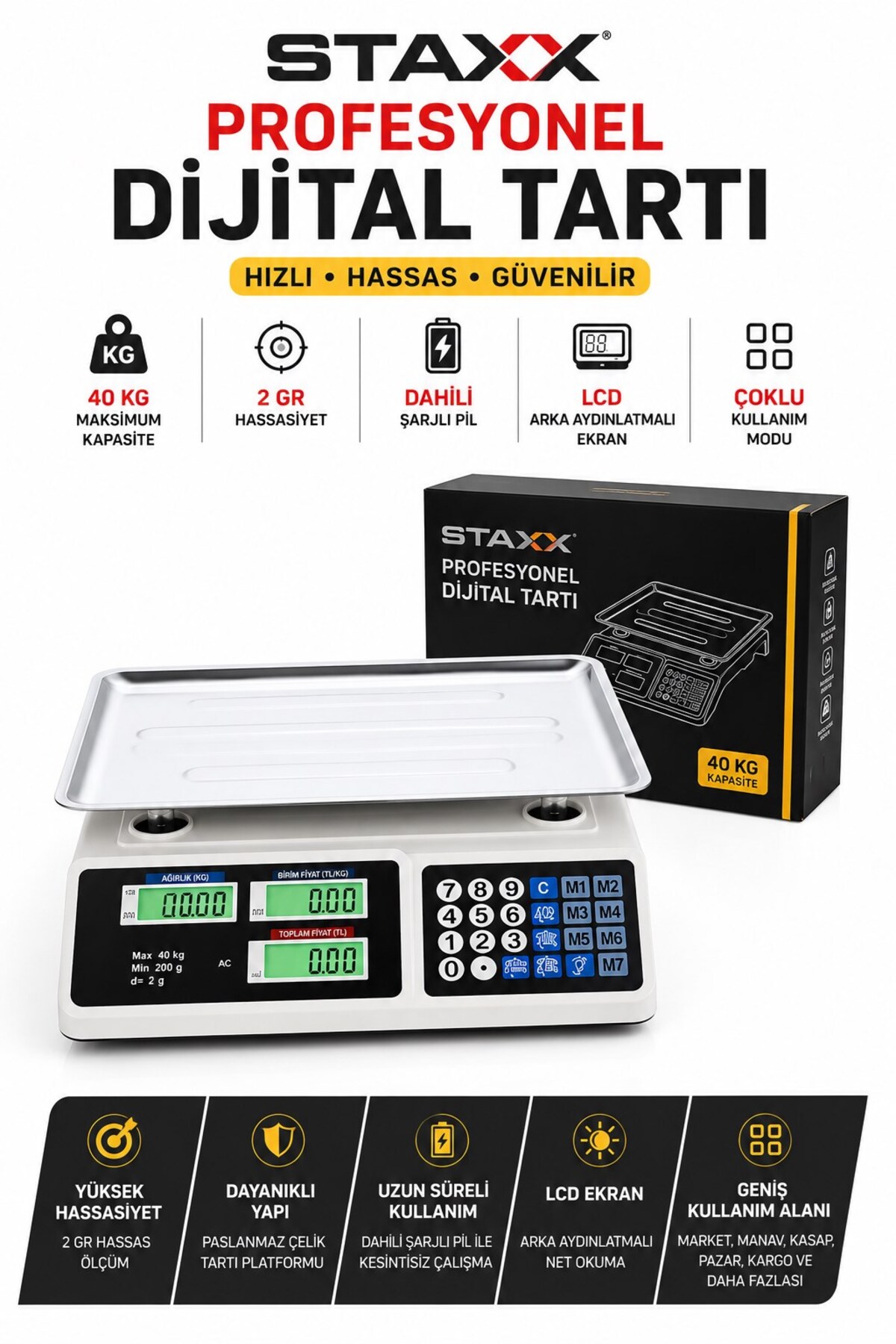 STAXX POWER 40 kg Dijital Terazi – 2 Gr Hassas Ölçüm – Profesyonel Şarjlı Elektronik Market Tartısı LCD Ekran