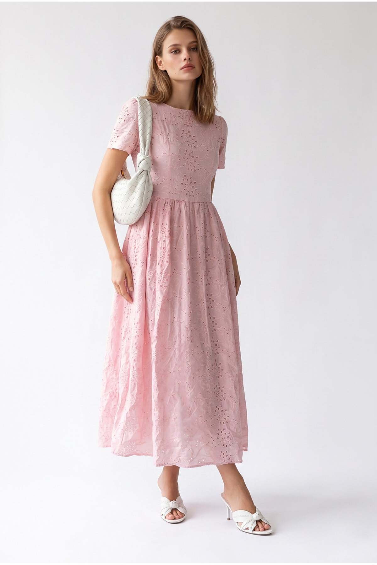Mixray 2216 Women's Lined Short Sleeve Floral Openwork Midi Dress Pink