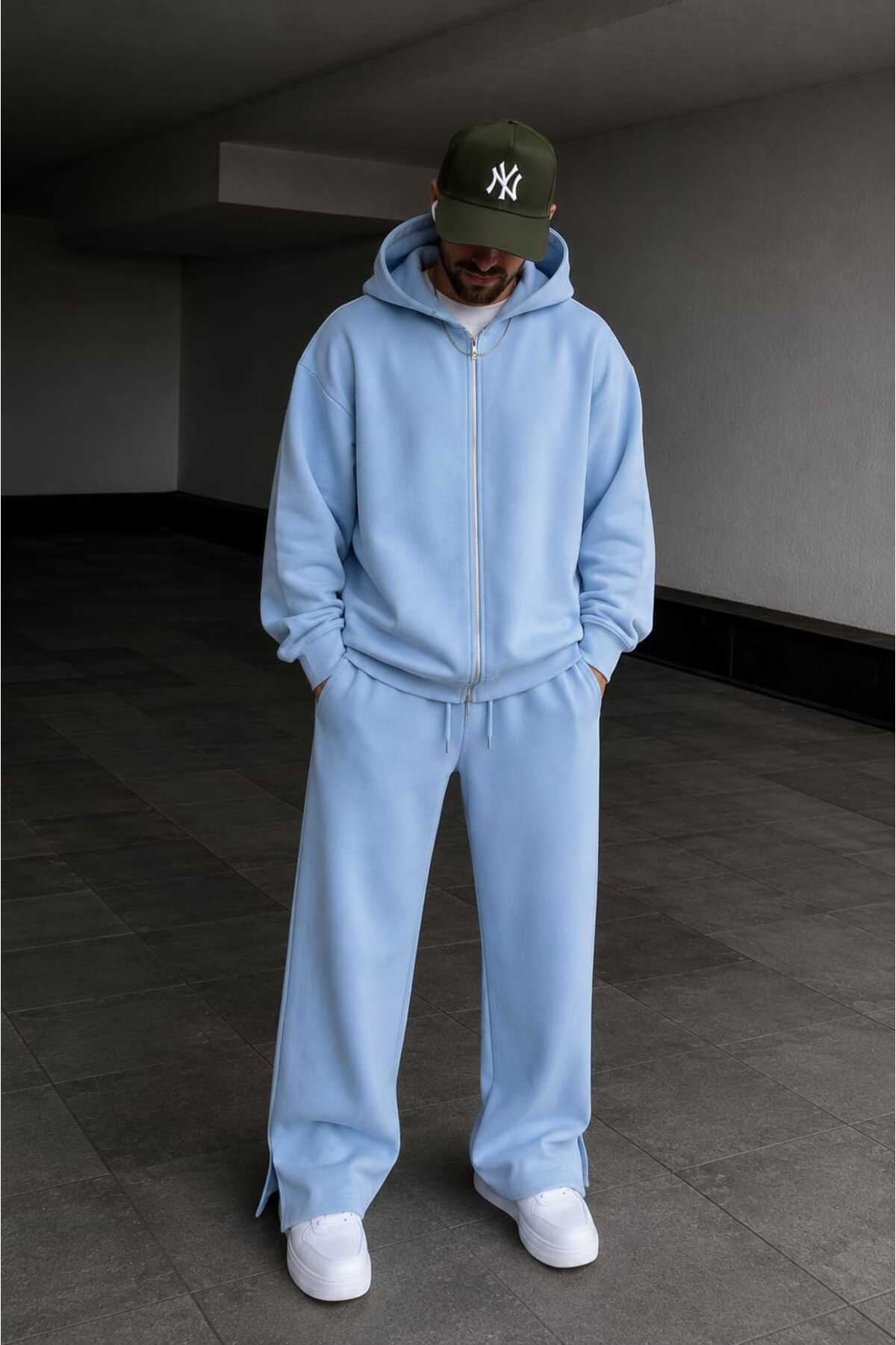 Unisex Oversize Fermuarlı Kapüşonlu Eşofman Takımı — آبی 00049