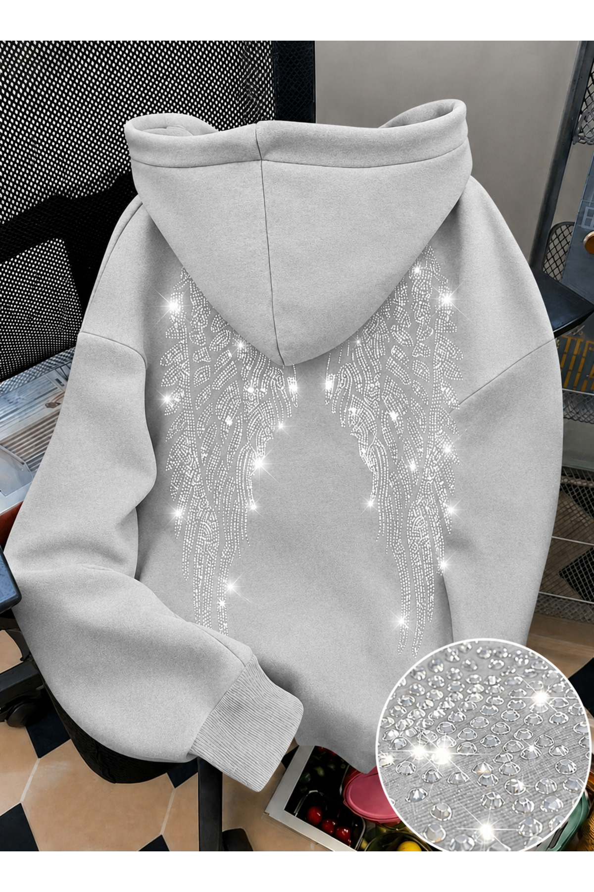 MOONBULL Kadın Sırtı Kanat Taş Baskılı 3 İplik Şardonlu Kumaş Kapüşonlu Oversize Sweatshirt