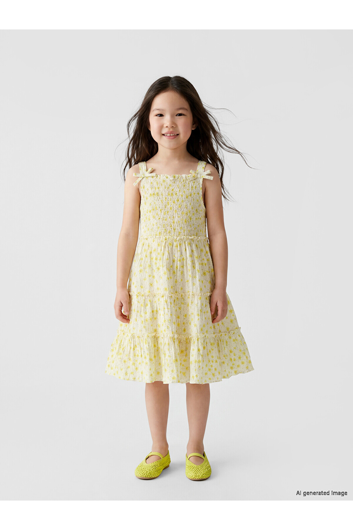 LC Waikiki Ecru Floral Patterned Girl's Crinkle Dress
