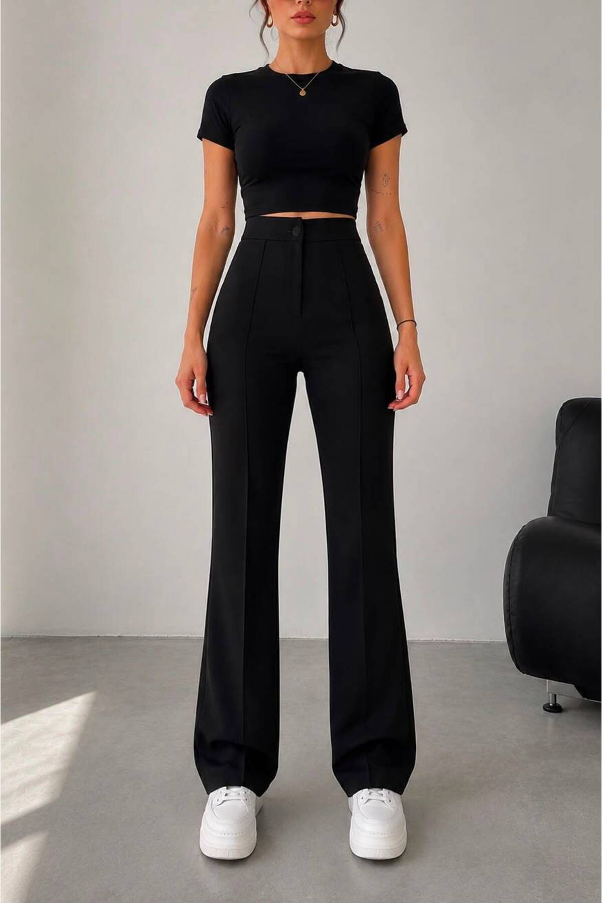BILDEŞA Women's Black High Waist Gathering Flared Leg Paazzo Pants