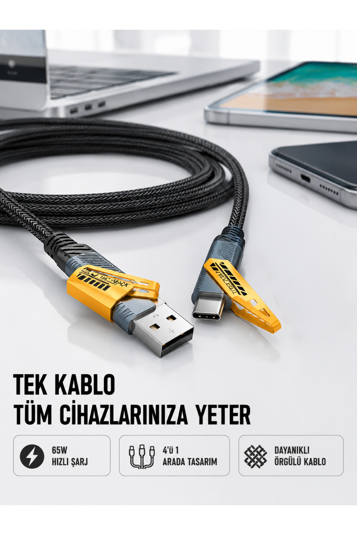 markentegra Örgülü Tasarım 4’ü 1 Arada USB-C Lightning Hızlı Şarj Kablosu