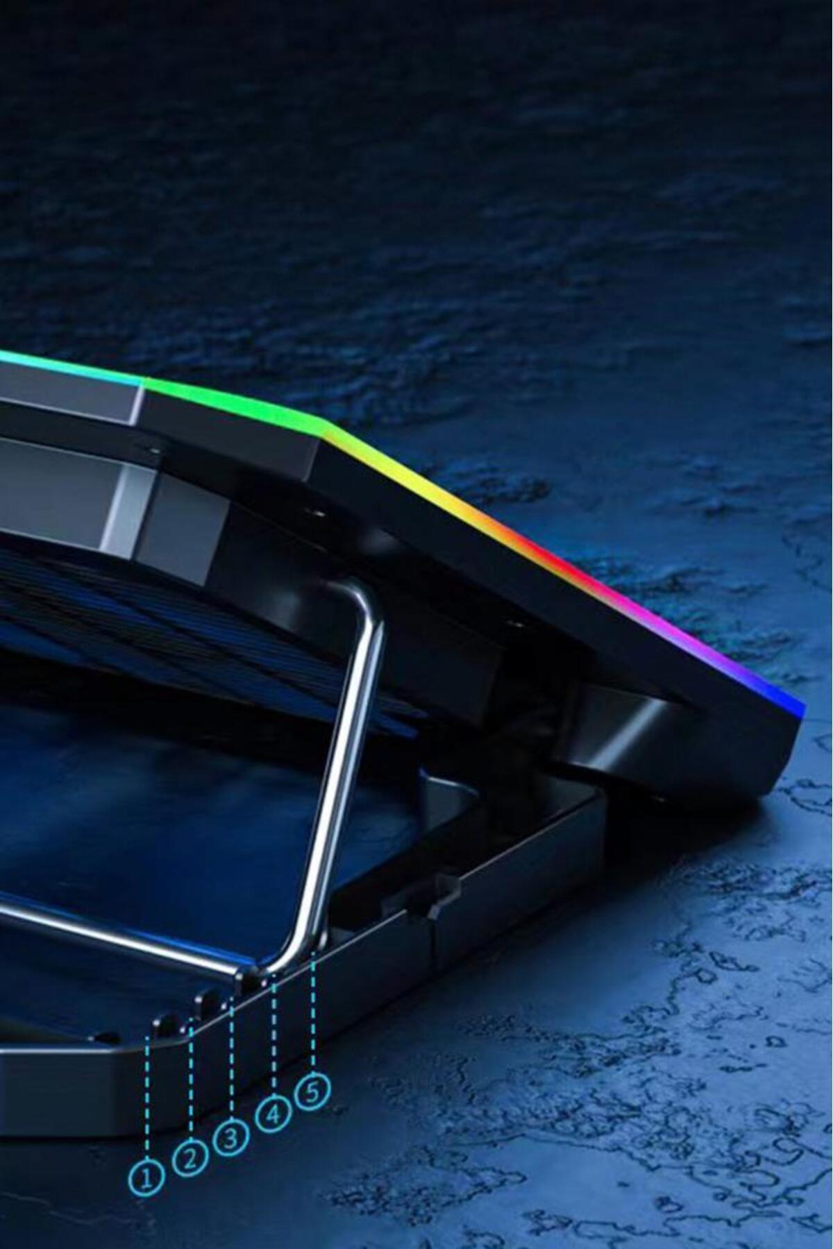 پایه خنک‌کننده لپ‌تاپ RGB با دو فن، قابل تنظیم، خنک‌کننده نوت‌بوک با نگهدارنده گوشی، تغذیه USB، رنگ مشکی