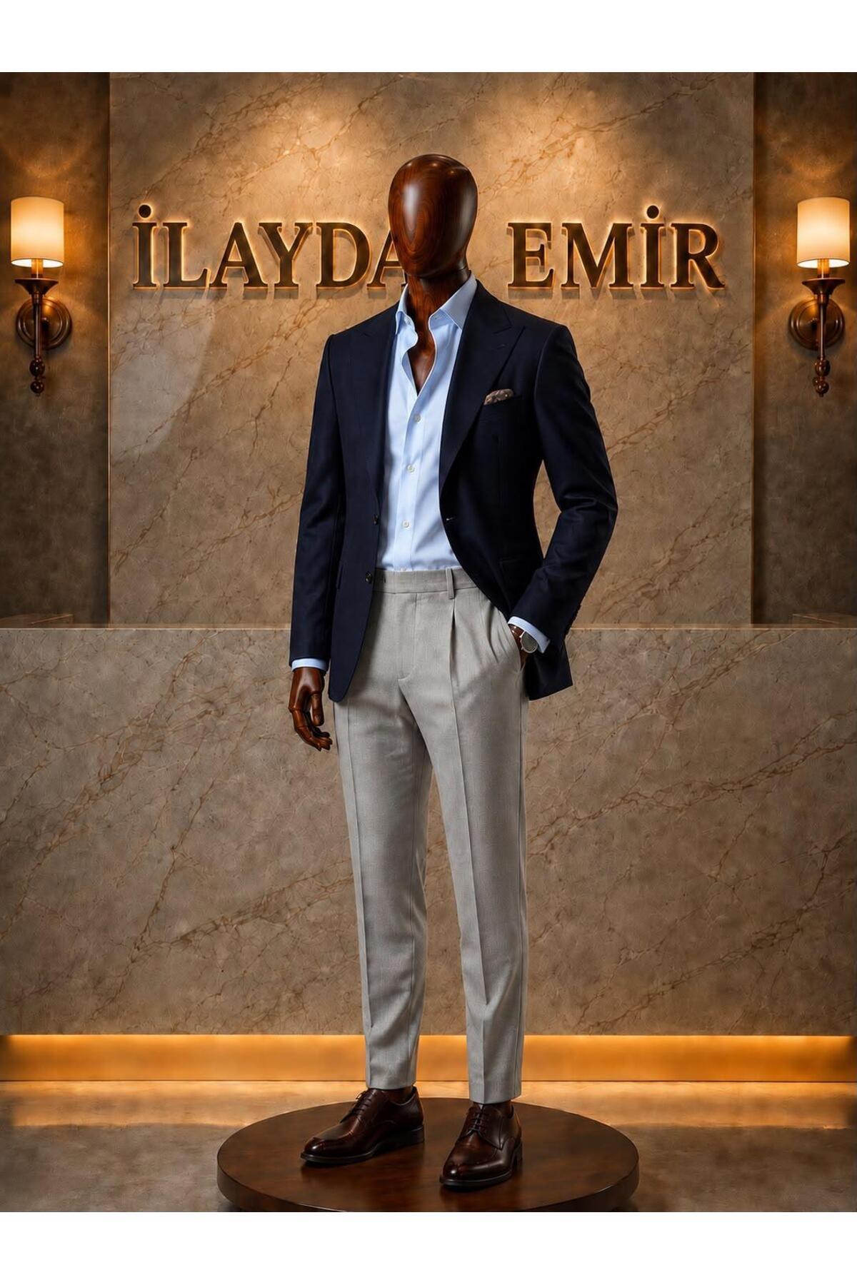 ilayda emir Men's 3-Piece Suit Combination Navy Blue Blazer Jacket Shirt Gray Fabric Trousers Slim Fit Classic Stylish