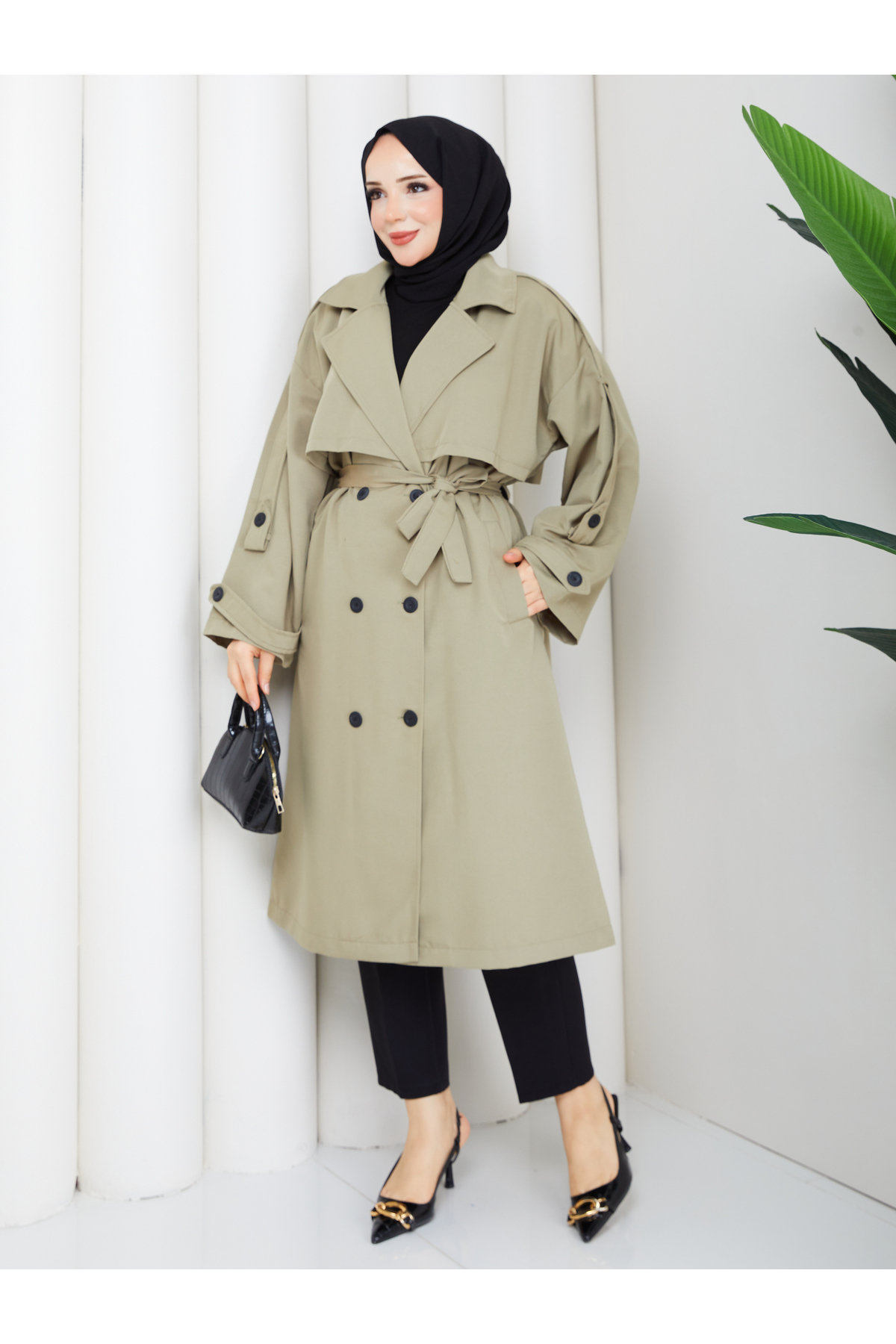 RACE FASHİON Kadın Oversize Düğmeli Tesettür Trençkot RC3111 görsel 4