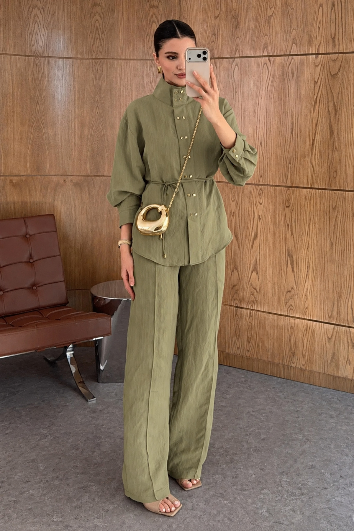 My Blog Khaki Square Gold Buttoned Shirt and Trousers Set - 2Y51348