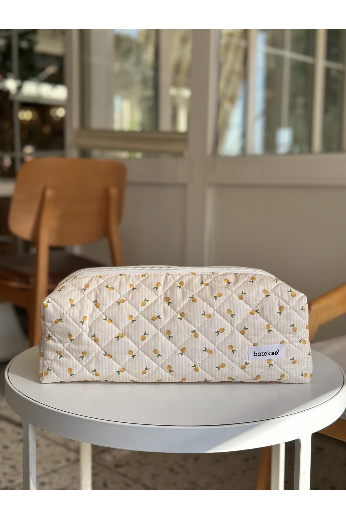 Batekso Sarı Çizgili Limon Desenli Saç Şekillendiricileri İçin Seyahat Çantası - XL Boy görsel 2