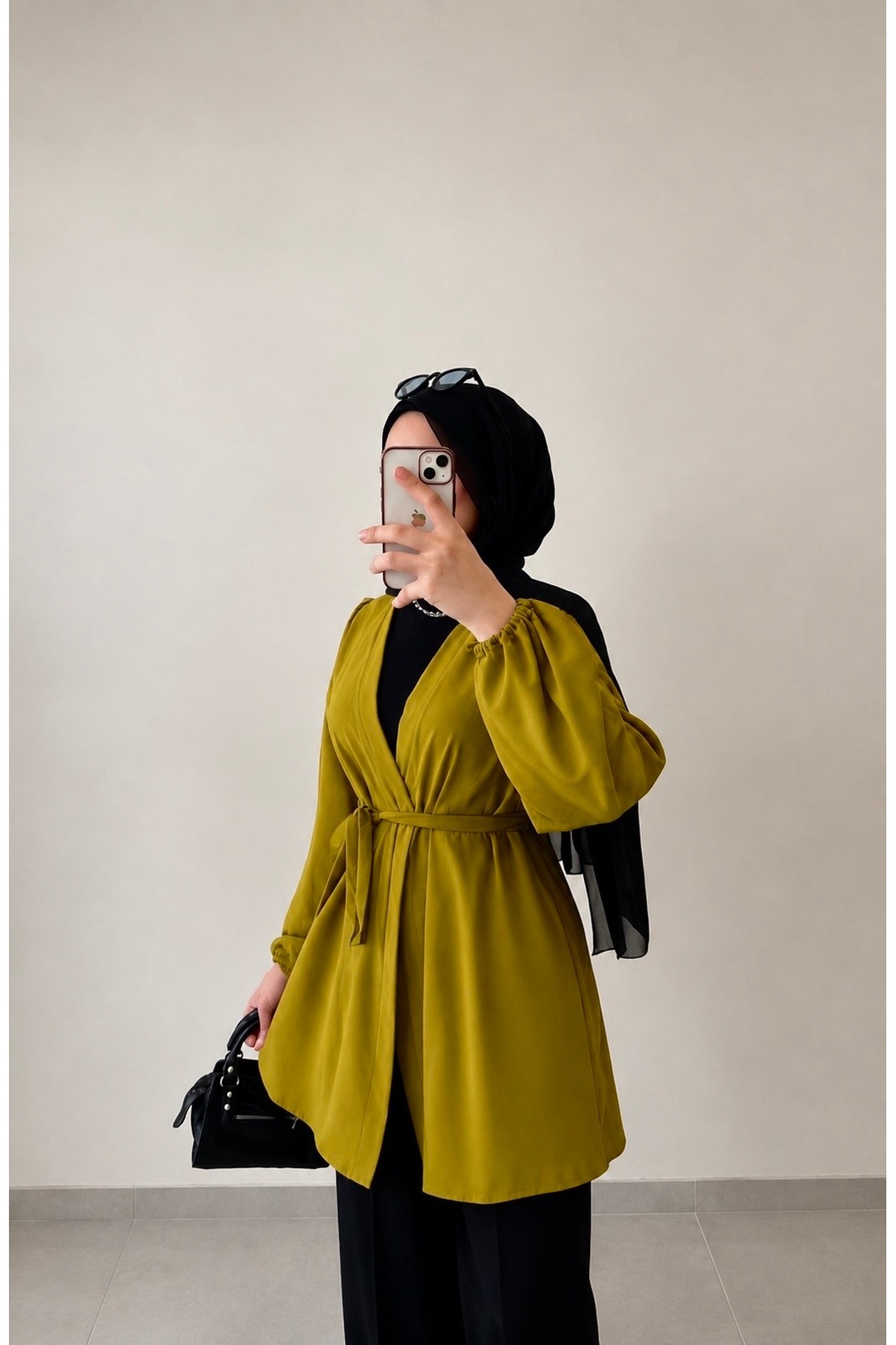 DİLEKBUTİK Yağ yeşili kemerli kimono görsel 2