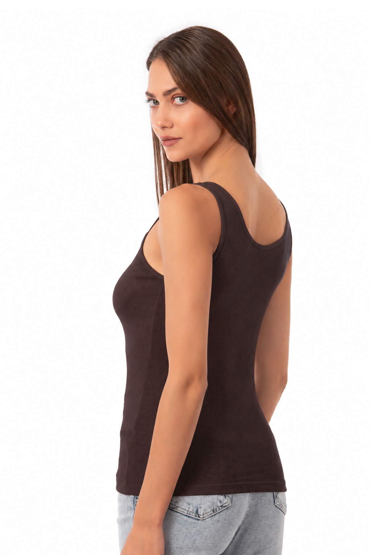 ÖZKAN underwear Özkan 27063 Kadın Pamuklu Likralı Kaşkorse Fitilli Esnek Rahat Önü Patlı Kalın Askılı Örme Atlet görsel 2