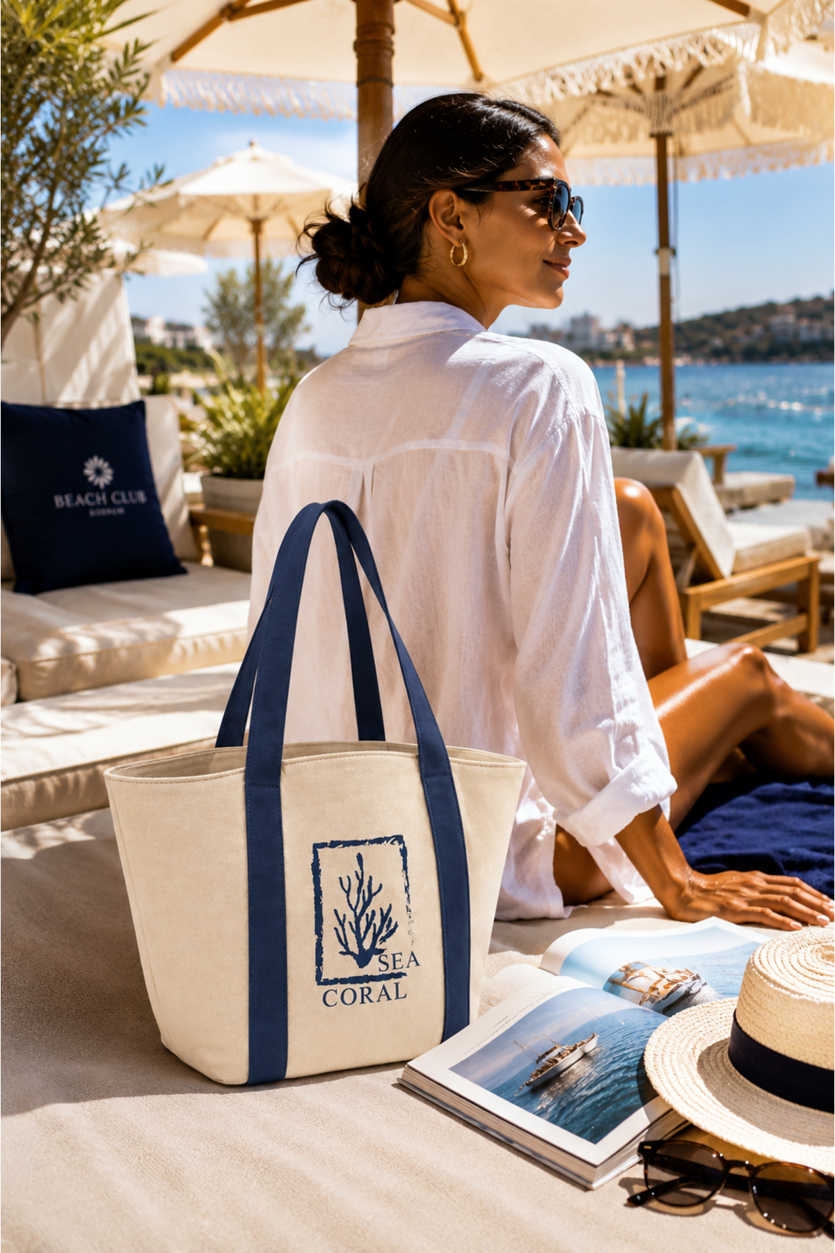ICONE BAG Kanvas Plaj Çantası, Lacivert Kolon Saplı Plaj Çantası, Ham Kanvas Çanta, Laci Baskılı Plaj Çantası görsel 6