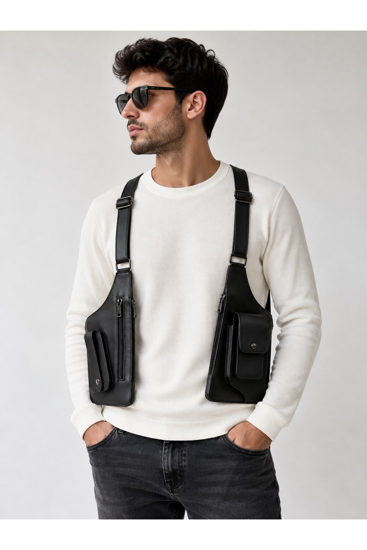 Newish Unisex Siyah Vegan Deri Çapraz Askılı Çok Cepli Harness Göğüs Çantası görsel 4