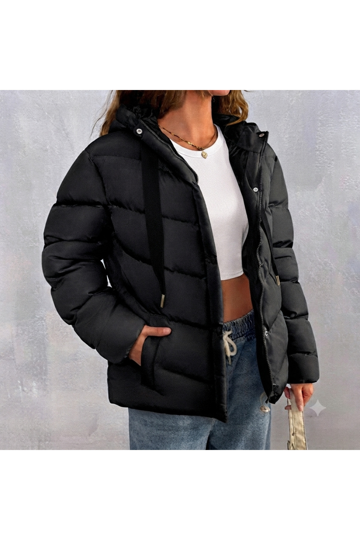 ladyzey kadın siyah kapüşonlu şişme mont görsel 3