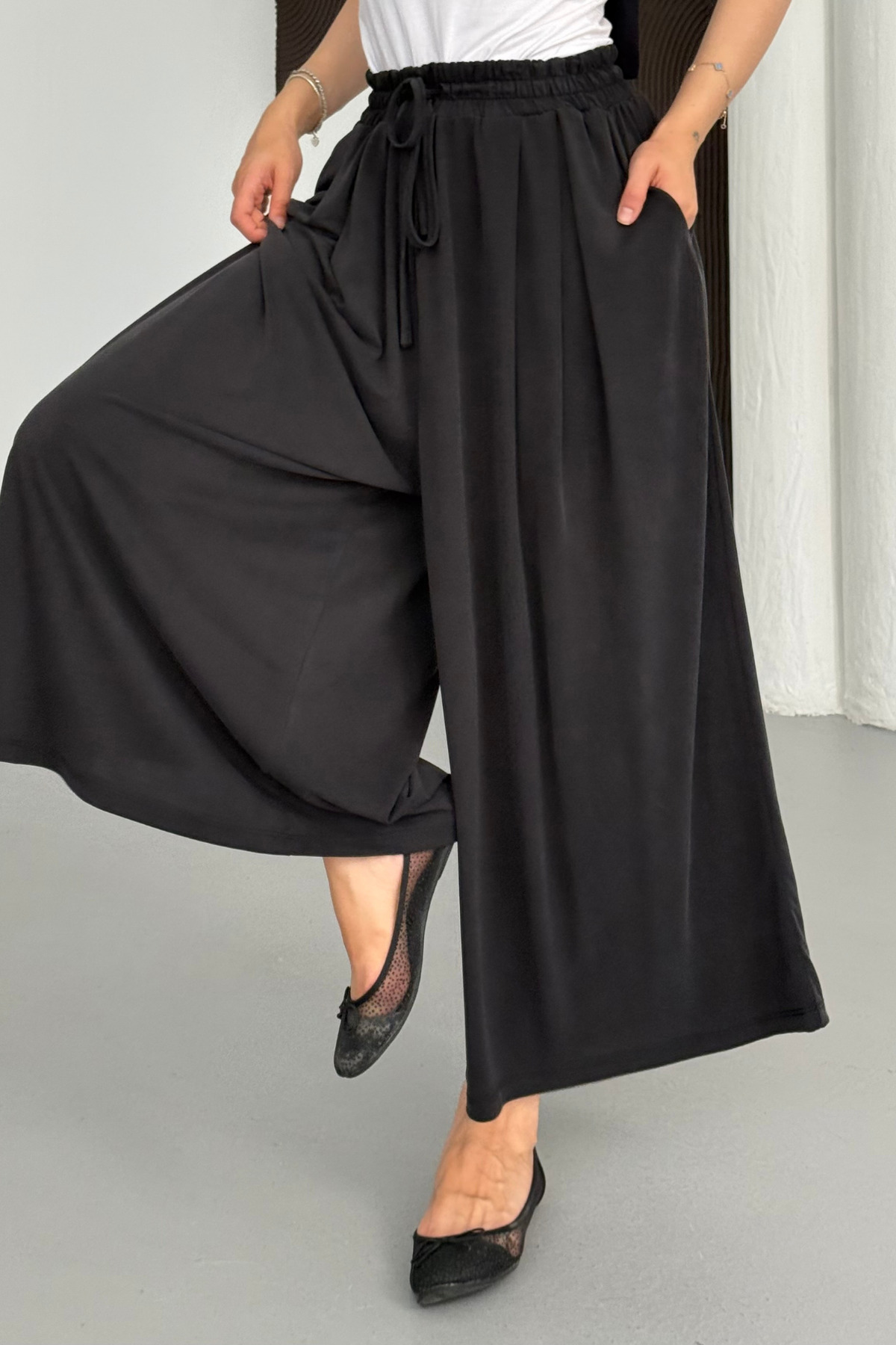 Moda Neval Kadın Beli Lastikli Bol Kesim Akışkan Modal Kumaş Etekli Pantolon görsel 6